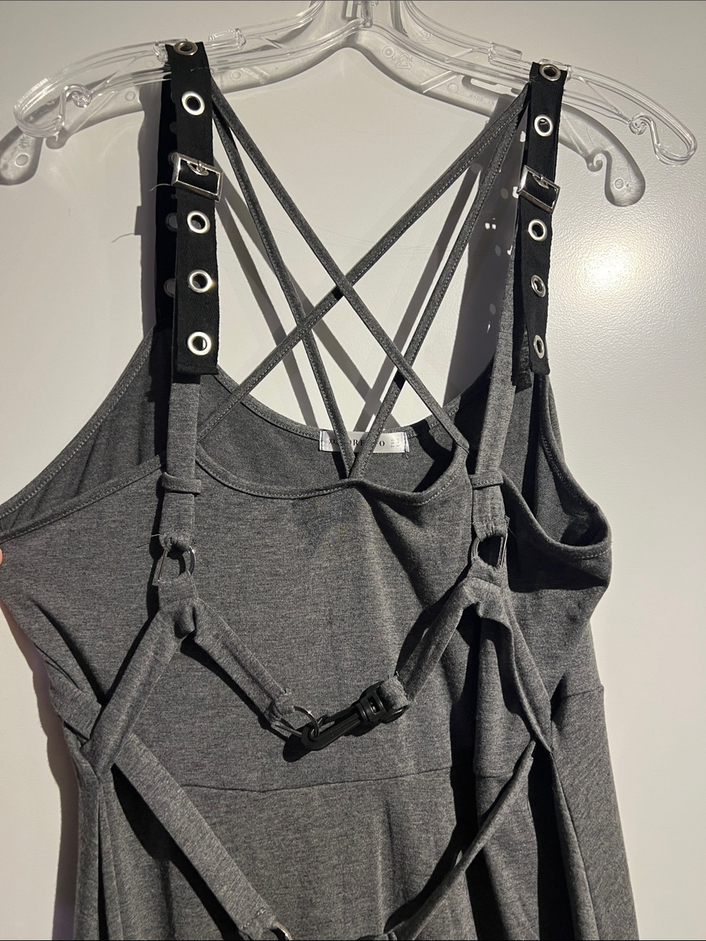 Punk Gray Strappy Dress with Buckle & Grommet Detail